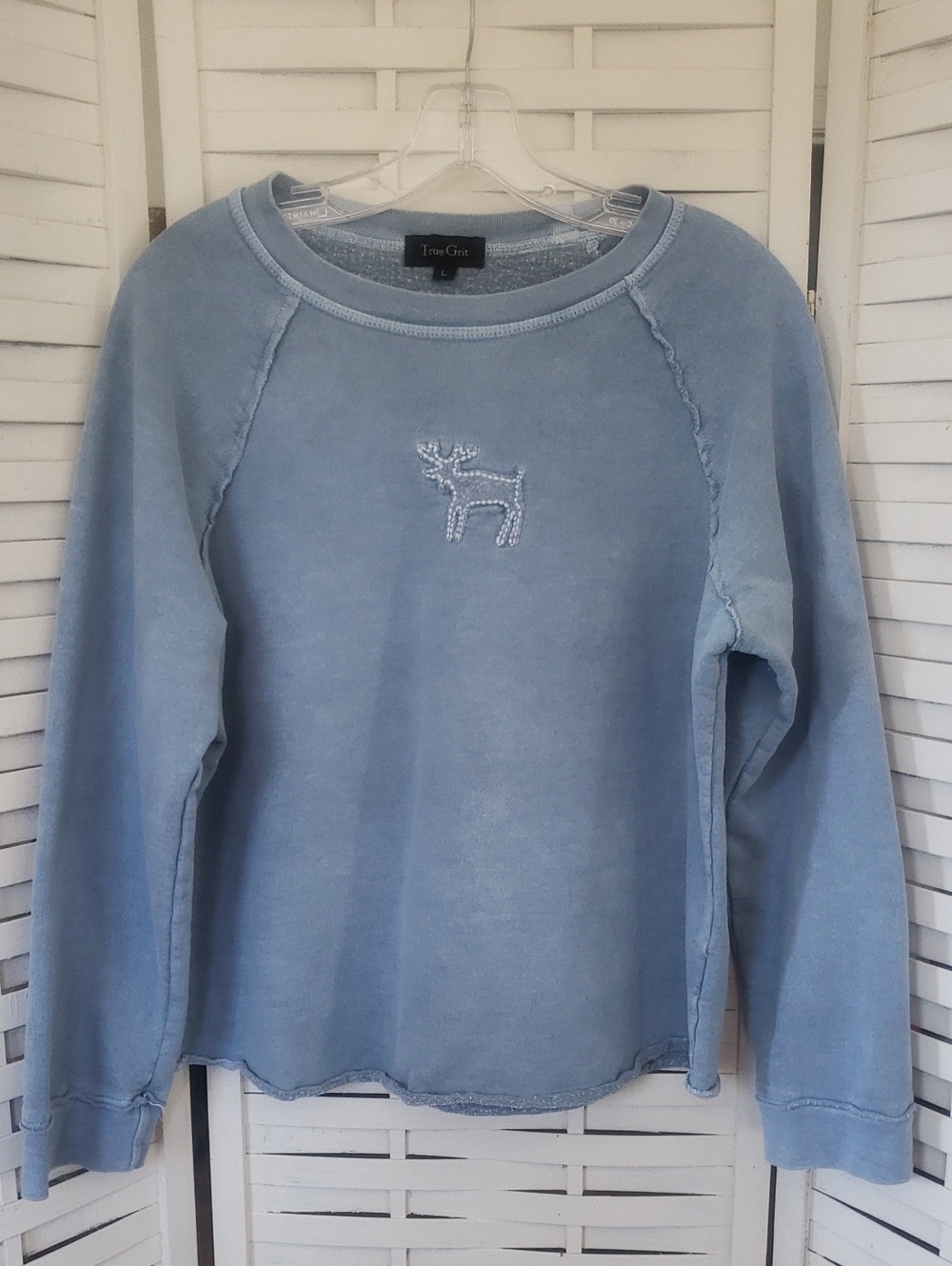 True Grit Women's Dusty Blue Crewneck Sweater with Embroidered Stag Size L
